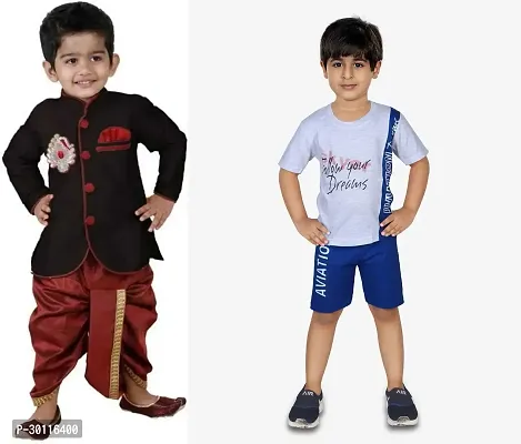 Stylish Multicoloured Cotton Blend Ethnic Clothing Set For Boys Combo Of 2