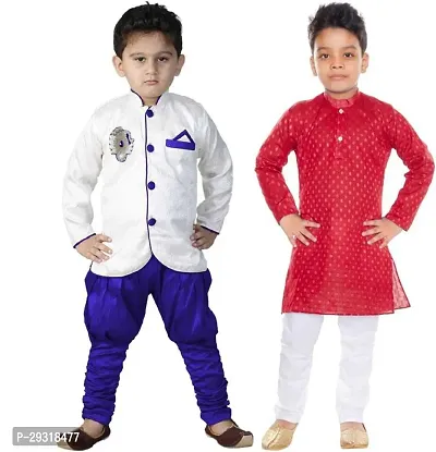 Stylish Art Silk Printed Ethnic Kurta Pajama With Dhoti Set For Boys Pack Of 2