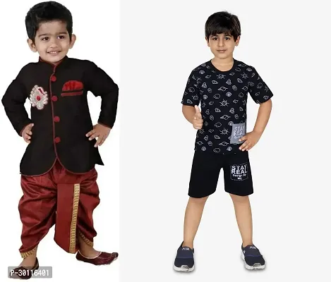 Stylish Multicoloured Cotton Blend Ethnic Clothing Set For Boys Combo Of 2