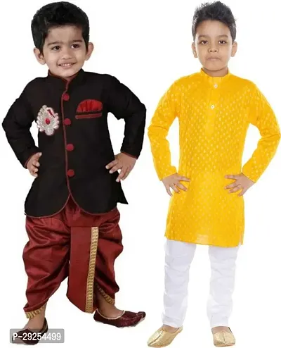 Stylish Art Silk Kurta Pajama Dhoti Ethnic Combo Set For Boys Pack Of 2