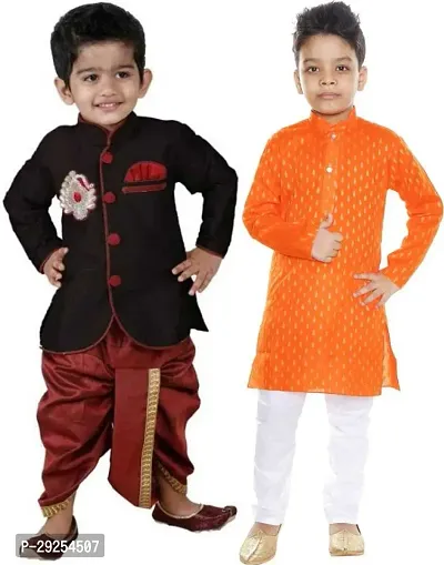 Stylish Art Silk Kurta Pajama Dhoti Ethnic Combo Set For Boys Pack Of 2-thumb0