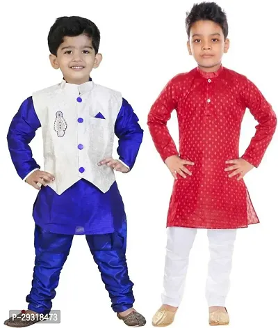 Stylish Art Silk Printed Ethnic Kurta Pajama With Dhoti Set For Boys Pack Of 2