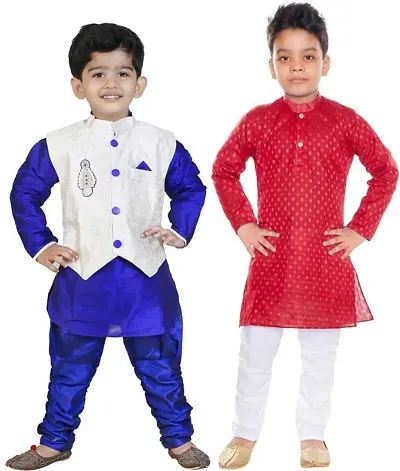 Stylish Art Silk Ethnic Kurta Pajama With Dhoti Set For Boys Pack Of 2