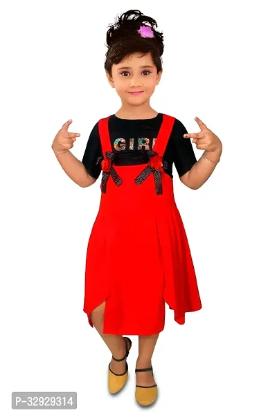 Stylish Red Cotton Blend Dungaree Frock For Girl-thumb0