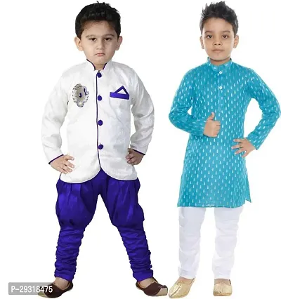 Stylish Art Silk Printed Ethnic Kurta Pajama With Dhoti Set For Boys Pack Of 2