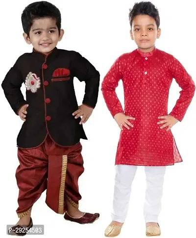 Stylish Art Silk Kurta Pajama Dhoti Ethnic Combo Set For Boys Pack Of 2