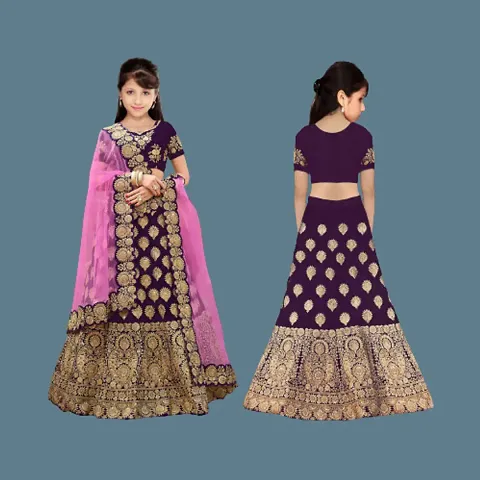 DEXNIL kids silk Satin Semi Stitched solid embroidered zari work Lehenga Choli Dupatta Set for girls 3-16 years