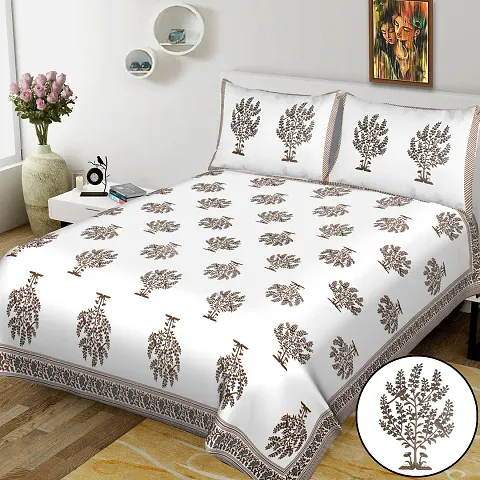 Queenie Brand Super King Size 100 x 108 100% Pure Cotton Double Bedsheet with 2 Pillow Covers-TULSI-Gry