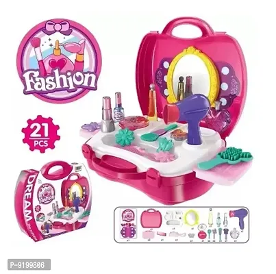 Kids Pretend Play Beauty Salon Fashion Makeup kit and Cosmetic  Jewellery Toy Set with hairdryer, Mirror  Hair Styling 21 pcs Accessories with a Beauty Suitcase for Little Girls. (Multi-Color 21 PCs-thumb0