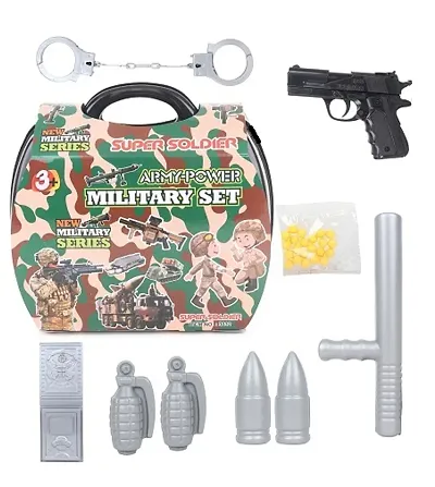 INDIA Army Power Military Play Set With Suitcase  Gun Set Of 12 Pieces For Your Little Champ.(Real Heros Roll Model)