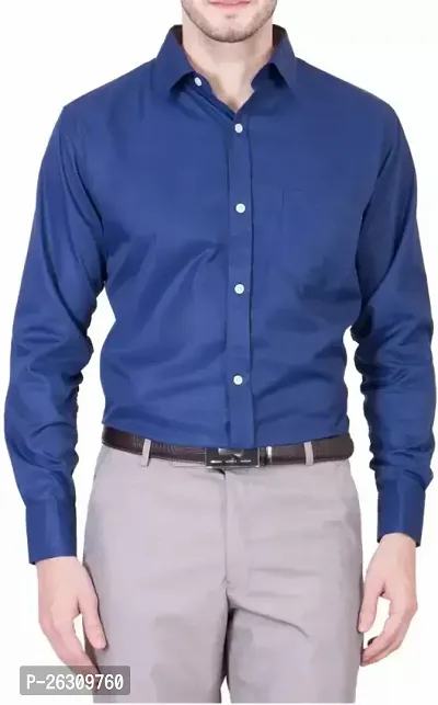 Stylish Blue Cotton Blend Solid Long Sleeve Formal Shirts For Men