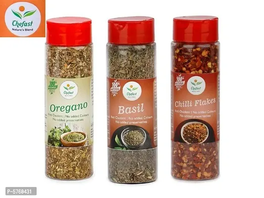 Pack of 3,Chefast Dried Basil Flakes Seasoning 30 gm, Chilli Flakes 60 gm, Oregano Flakes 55 gm in Sprinkler Bottle For Pizza , Pasta and Cooking  (145 g)