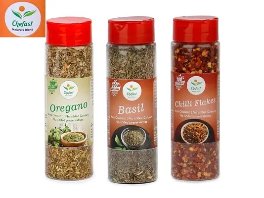 Pack of 3,Chefast Dried Basil Flakes Seasoning 30 gm, Chilli Flakes 60 gm, Oregano Flakes 55 gm in Sprinkler Bottle For Pizza , Pasta and Cooking  (145 g)