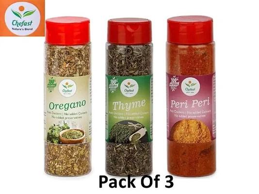 Pack of 3,Chefast Dried Oregano Flakes 55 gm, Dried Thyme Flakes 40 gm  Peri Peri Mix 100 gm for Pizza Pasta. In Sprinkler Bottle,  (195 g)