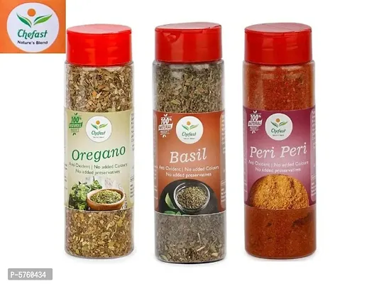 Chefast Pack of 3, Dried Basil Flakes Seasoning 30 gm, Peri Peri Mix 100 gm , Oregano Flakes 55 gm in Sprinkler Bottle For Pizza , Pasta and Cooking  (185 g) Chefast