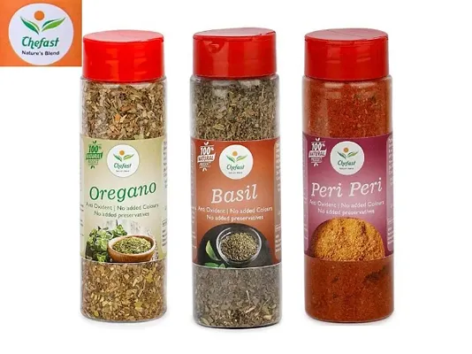 Chefast Pack of 3, Dried Basil Flakes Seasoning 30 gm, Peri Peri Mix 100 gm , Oregano Flakes 55 gm in Sprinkler Bottle For Pizza , Pasta and Cooking  (185 g) Chefast