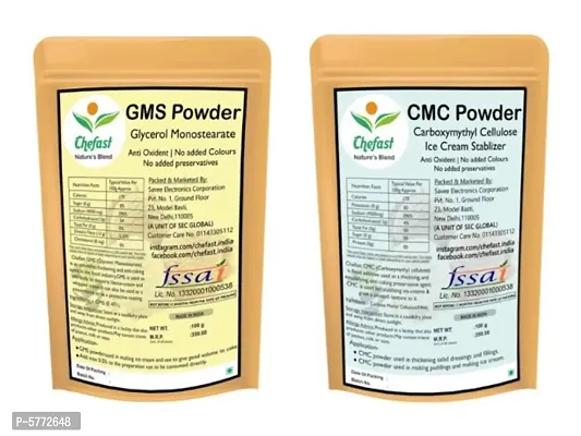 Chefast Combo of CMC Powder (Carboxymethyl Cellulose) and GMS Powder (Glycerol Monostearate) CMC and GMS for Making Soft, Smooth and Creamy Ice Creams  Instant Cake Premix 100gm Each
