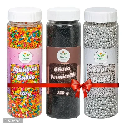 Chefast Pack of 3 Dark Choco Strands Vermicelli, Colored Rainbow Balls, Silver Balls Sprinkler for Cakes Edible 120 gm Each ( 360 gm)