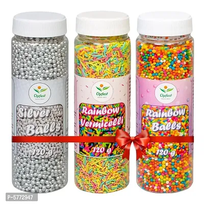 Chefast Pack of 3 Colored Rainbow Balls, Silver Balls, Color Vermicelli for Cakes Decoration , Toppings, Edible (360 gm)
