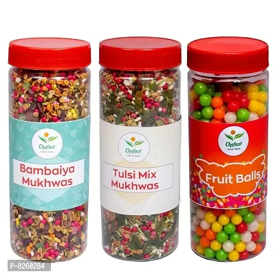 Chefast Bombaiya Mukhwas, Fruit Balls (Khatti Meethi Goli)  Tulsi Mix Mukhwas Pack of 3 [Mouth Freshener, Digestive, After-Meal Snack] 710 gm-thumb0