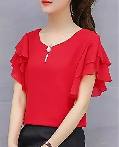 Vivient Women Ruffle Sleeve Neck Button Top