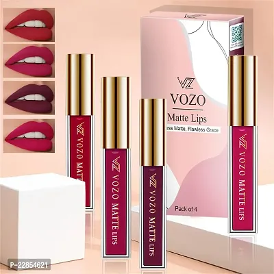 VOZO Flawless Matte Liquid Lipstick - Professional-Quality Finish (Red, Magenta, Purplish Wine, Passion Magenta) 16ml
