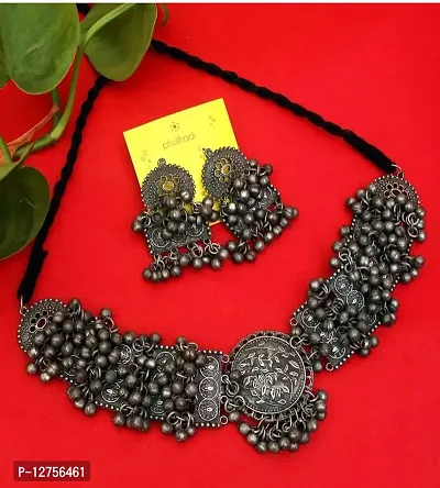 Total Fashion Afghani Oxidised Antique Jewellery Look like Choker Necklace Set for Women (Black)-thumb4