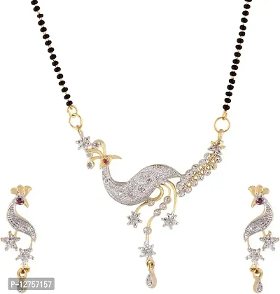 JDX Gold Plated American Diamond Yellow Metal Mangalsutra Beautiful Peacock Design with Earrings for Women