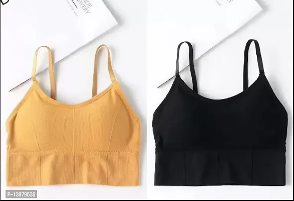 Cotton Blend Yellow And Black Solid Lightly Padded Cami Bra - Pack Of 2