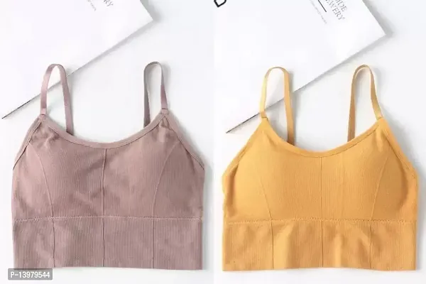 Cotton Blend Brown And Yellow Solid Lightly Padded Cami Bra - Pack Of 2