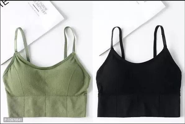 Cotton Blend Black And Green Solid Lightly Padded Cami Bra - Pack Of 2