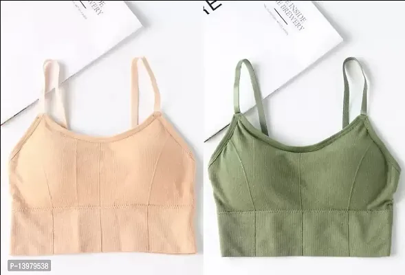 Cotton Blend Beige And Dark Green Solid Lightly Padded Cami Bra - Pack Of 2