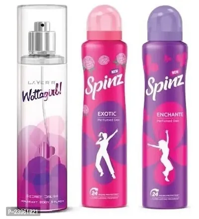 LAYER,R WOTTAGIRL SECRET CURSH 60ML  Spinz Exotic 50ml   Enchante 50ml  Perfumed Deodrants For Women