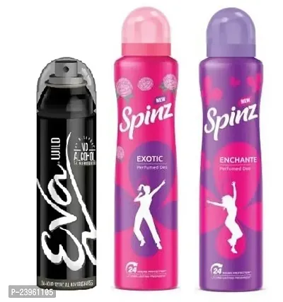 EVA wild 40ml Spinz Exotic  50ml  Enchante 50ml Perfumed  freshness Deodrants For Women ( 140m,pack of 3)