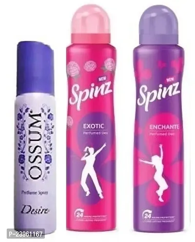 OSSUM desire 25ml Spinz Exotic 50ml   Enchante 50ml  Perfumed  freshnes Deodrants For Women(140ml)