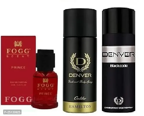 Foog Prince 15ml  denver caliber 50ml - black code 50ml- Deodorant Spray - For Men  ( 115ml ) pack of 3