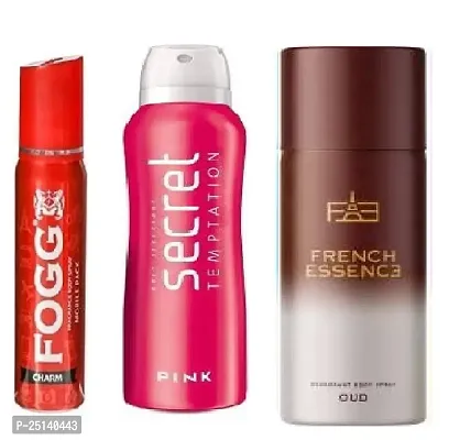 Foog charm 25ml  secret pink 50ml-french essence oud 50ml-Deodorant Spray - For Men  ( 125ml ) pack of 3