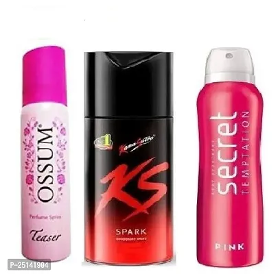 ossum teaser 25ml  ks .spark 45ml -secret pinnk 50ml _Deodorant Spray - For Men ( 120 ml ) pack of 3