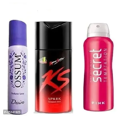 ossum desire 25ml  ks ,spark 45ml -secret pink 50ml-Deodorant Spray - For Men  ( 120 ml ) pack of 3