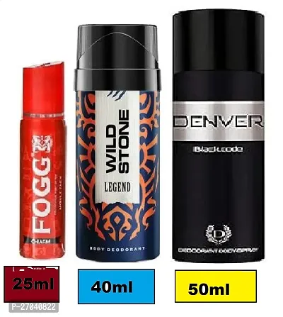 FOGG CHARM 25ML  WILD STONE LEGEND 40ML -BLACK CODE 50ML-Deodorant Spray - For Men  WOMEN ( PACK OF 3 )