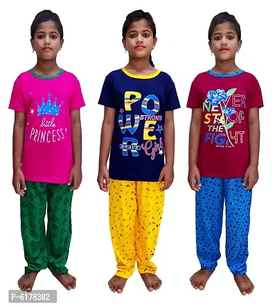Stylish Cotton Printed Night Round Neck T-Shirt with Pajama Set For Girls- Pack Of 3-thumb0