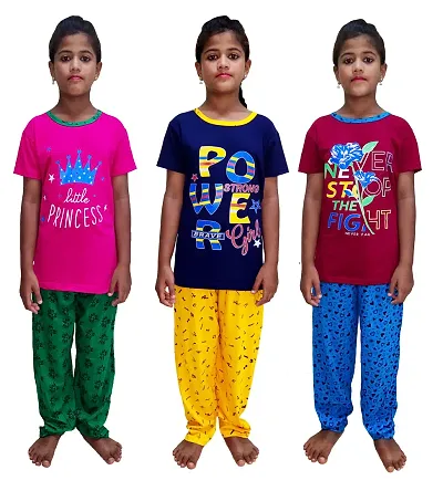 Stylish Night Round Neck T-Shirt with Pajama Set For Girls- Pack Of 3