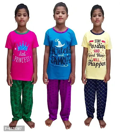 Stylish Cotton Printed Night Round Neck T-Shirt with Pajama Set For Girls- Pack Of 3