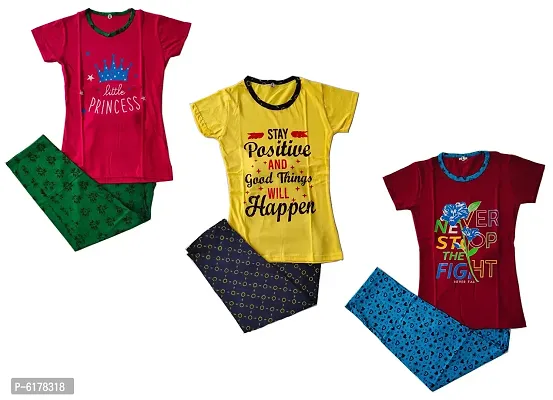 Stylish Cotton Printed Night Round Neck T-Shirt with Pajama Set For Girls- Pack Of 3