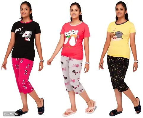 PYF Stylish T-Shirt and Capri Bottom Black, Tomato Red and Yellow Looks Fashionable and Trendy and Stylish and Joyful Purpose 14-15 Years