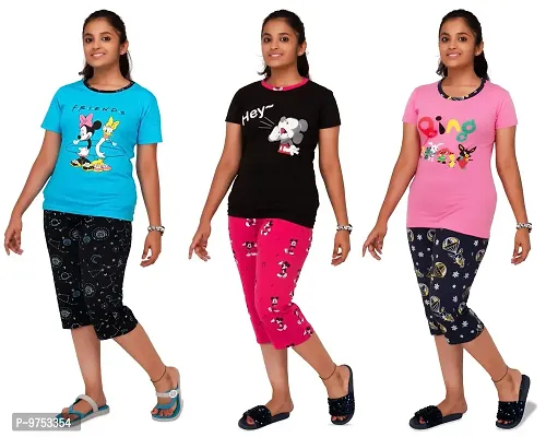 PYF Stylish T-Shirt and Capri Bottom Turqouise Blue, Black and Baby Pink Looks Fashionable and Trendy and Stylish and Joyful Purpose 14-15 Years