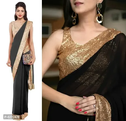 Plain Satin Silk Saree With Velvet Sequence Work Blouse - New In - Indian