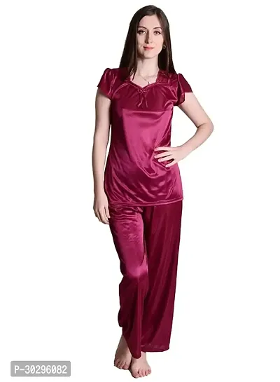 Beautiful Maroon Satin Solid Nighty For Women-thumb0