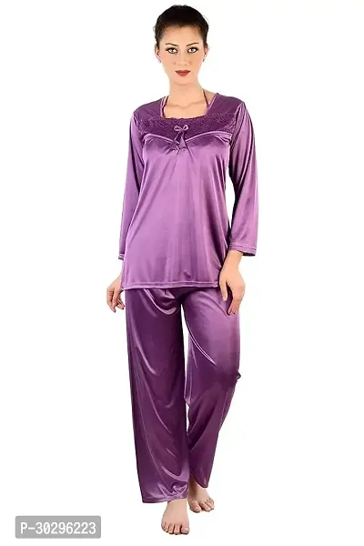 Beautiful Purple Satin Solid Nighty For Women