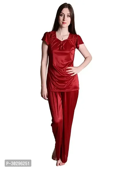 Beautiful Maroon Satin Solid Nighty For Women-thumb0